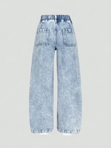 Tween Girls' Casual Light Blue Elasticated Waist Bow Decor Denim Wide Leg Jeans With Pockets - Light Wash - View 2