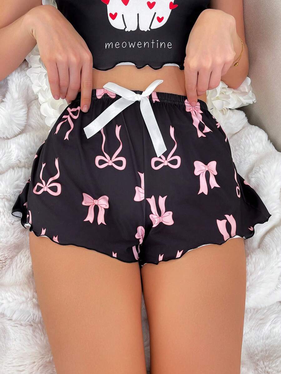 Ladies Bow Printed Shorts Pajama Bottom - Multicolor - View 1