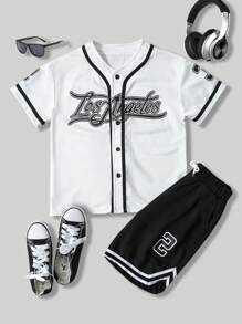 SHEIN 2pcs/Set Tween Boys Street Hip-Hop Style Short Sleeve Shirt And Cropped Shorts Set, Summer - White - View 1