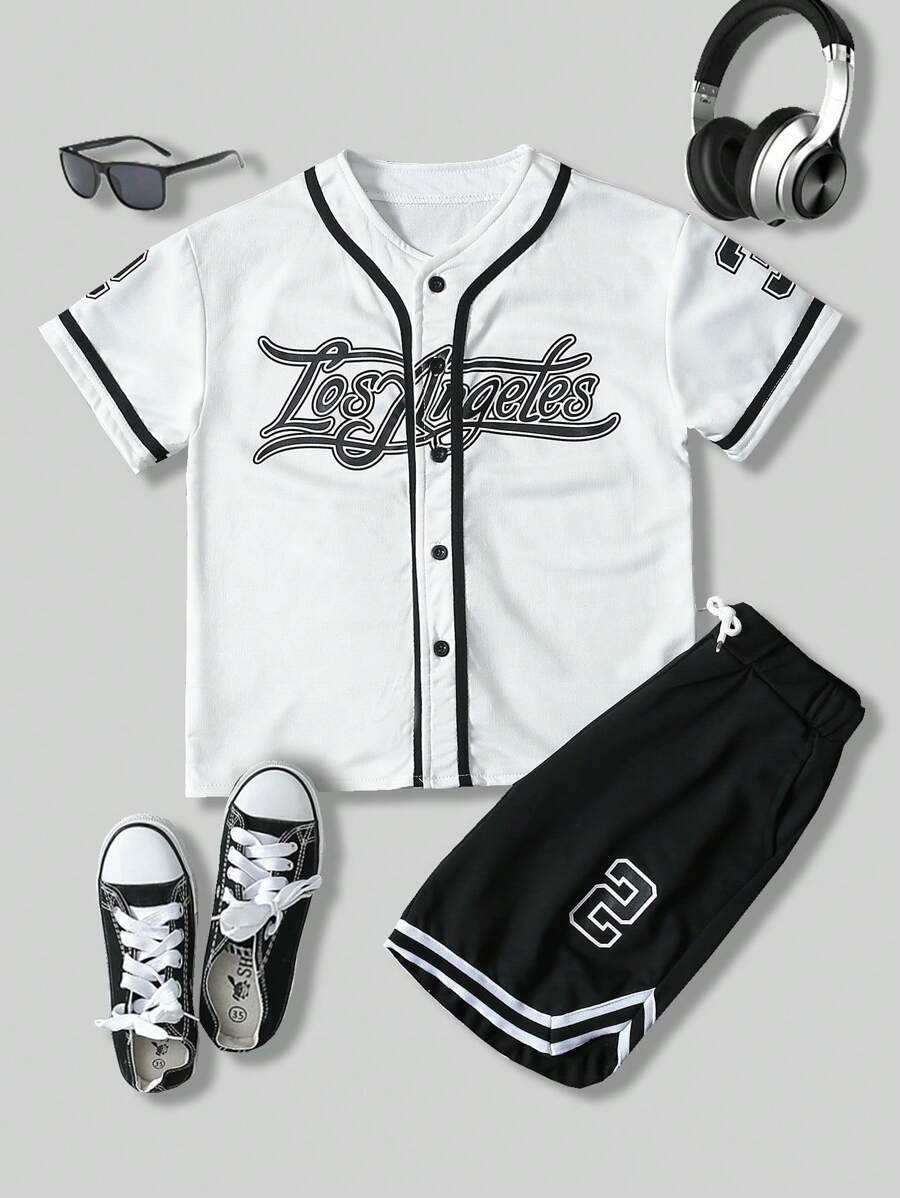 SHEIN 2pcs/Set Tween Boys Street Hip-Hop Style Short Sleeve Shirt And Cropped Shorts Set, Summer - White - View 1