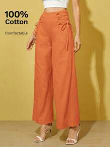 SHEIN Essnce Lace Up Side Wide Leg Trousers - Orange - View 5