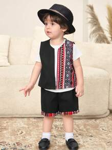 SHEIN 2pcs Baby Boy Retro Print Cardigan Vest And Shorts Set, Casual Daily Outfit, Suitable For Spring And Summer - Black - View 4