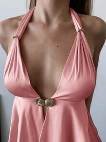 Aloruh Halter Metal Buckle Decor Satin Strap Sexy Backless Cami Tank Top For Women, Champagne Color, Chic For Party & Outing - Baby Pink - View 3