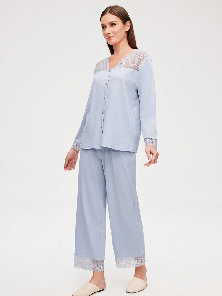 Cotton Lace-Trimmed Button-Up Top & Pants PJ Set