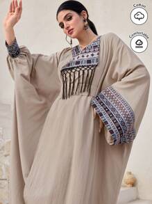 Al Najma Vestido de manga larga, estilo árabe modesto, con parches de unicolor y decoración con flecos para mujer - Albaricoque - Ver 2