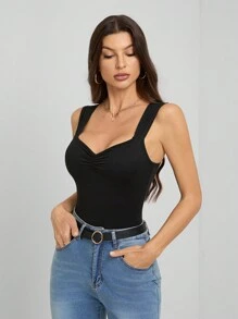 SHEIN Tall 女士优雅纯色钻石领口无袖黑色紧身衣 - 黑色 - 查看 6