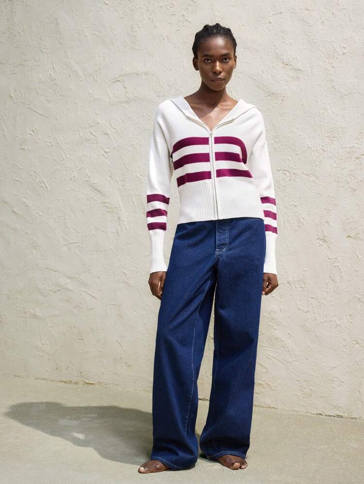 SHEIN Maija Women's Burgundy And White Striped Zip Up Long Sleeve Nautical Sweater Cardigan, Autumn/Winter Festival