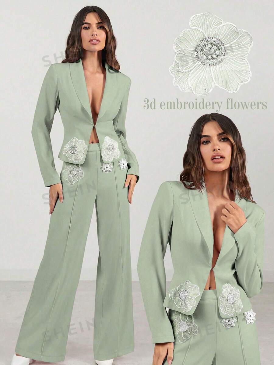 Glamine Blazer de mujer Glamine de diseño con escote en V y bordado decorativo, con botones delanteros, de estilo elegante y moderno, apropiado para citas románticas, el Día de San Valentín, la oficina, el uso diario, un blazer versátil