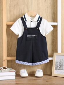 SHEIN Leap Crew 2件套男婴可爱休闲学院风短袖字母印花polo衫和背带短裤套装（含内衣），适合生日派对、晚宴、演出、婚礼、迎婴派对、一周岁生日庆祝等场合。 - 彩色 - 查看 11