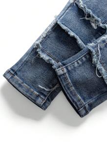 SHEIN 童装街头风破洞毛边水洗高弹修身蓝色牛仔裤，适合春夏穿着 - 中等水洗藍 - 查看 3