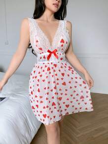 Sexy Mesh Heart Design Slit Maxi Nightgown For Women, Valentine's Day
