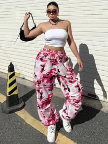 POPSWAY Pantalones cargo de camuflaje holgados y casuales para mujer de talla grande