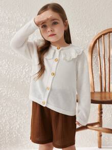 SHEIN Young Girls Elegant Ruffled Collar Knit Cardigan, Spring/Summer - White - View 5