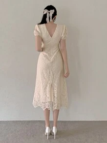 DAZY 女士蕾丝镶钻吊带拼接中长连衣裙 夏季舞会礼服 长款连衣裙 - 米色 - 查看 7