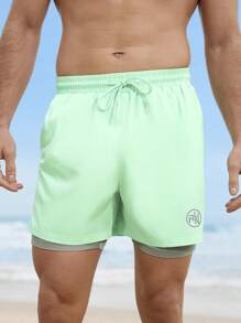 Surfspeed Men's Letter Print Drawstring Waist Loose Beach Shorts Men Swim Trunks - Mint Green - View 7
