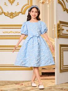 SHEIN Tween Girl Casual Fashion Ruffle Hem Plaid Print Sweet Patchwork Contrast Color Dress, Suitable For Summer, Layering, Outdoor Wear, Comfortable Soft Fabric For Casual, Party, Holiday, School - Blue - View 4