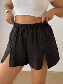 Flirla Pantalones cortos de talla grande de unicolor con bolsillos en diagonal, cintura elástica y cierre delantero de cremallera - Negro - Ver 3