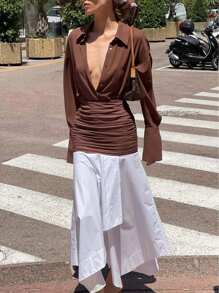 SHEIN Essnce Women Elegant Solid Color Long Sleeve Blouse With Color Block Ruched Skirt 2 Pieces Set - Multicolor - View 9