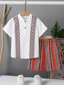 2pcs/Set Young Boys Traditional Floral Print Retro Pattern Woven Stand Collar Shirt And Shorts Set, Affordable, Elegant, Vintage Design, Suitable For Kids Outfits, Back To School, Birthday Parties, Evening Events, Performances, Weddings, Baptisms, School Commencements, Daily Wear, School, Travel, Sports, Spring, Summer - White - View 3