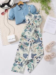 SHEIN Tween Girl 2pcs/Set Ditsy Floral Sleeveless Jumpsuit + Short Puff Sleeve Cropped Jacket Summer Clothes Set,Holiday,Summer,Travel
