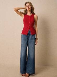 Poéselle Women's Plain Single-Breasted Round Neck Casual Tank Top