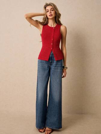 Poéselle Women's Plain Single-Breasted Round Neck Casual Tank Top