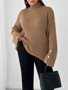 SHEIN Cottnline Plus Size Plain High Neck Long Sleeve Button-Up Casual Pullover Sweater - Camel - View 1