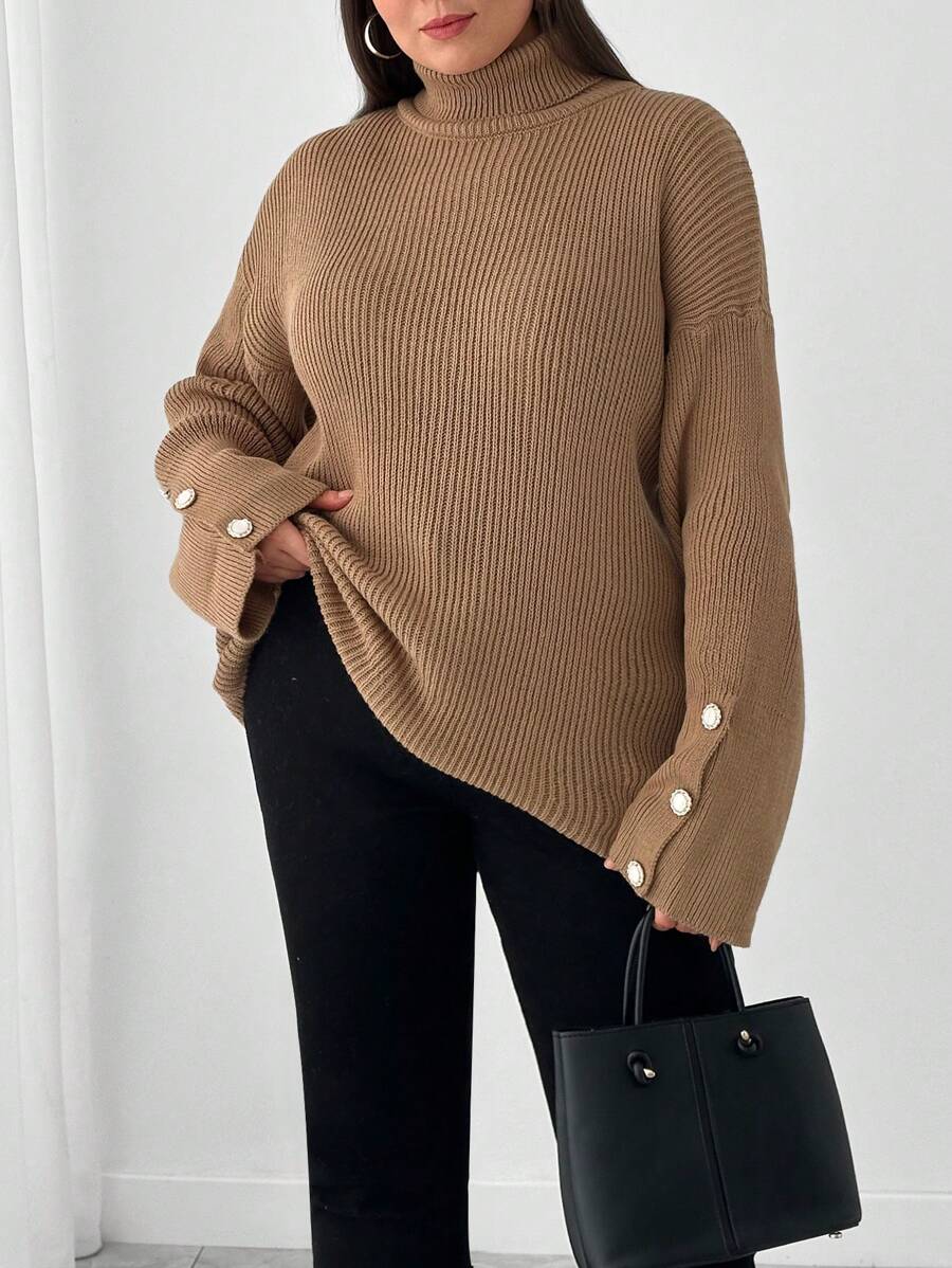 SHEIN Cottnline Plus Size Plain High Neck Long Sleeve Button-Up Casual Pullover Sweater - Camel - View 1