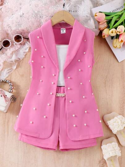 SHEIN 3pcs Young Girl Formal Set: Pink Blazer Jacket, Pearl Decorated Knit Camisole, Shorts For Girls, Casual Vacation Elegant Outfit