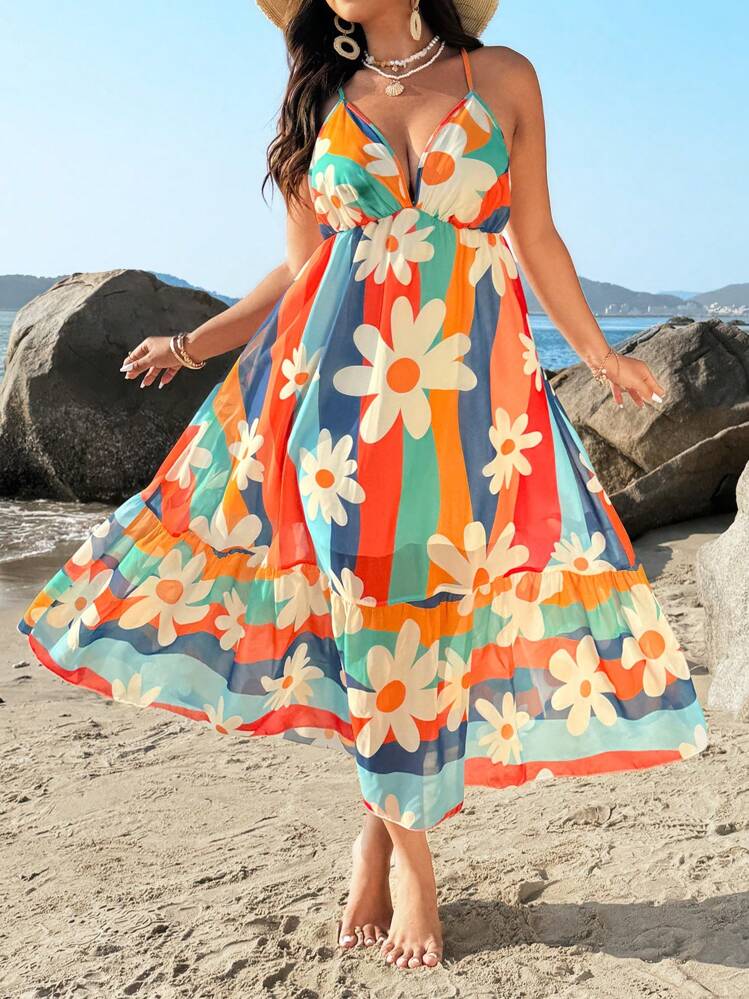 Flirla Plus Fashionable Casual Waist Cinching Hawaiian Dress, Rainbow & Sunflower Print Sleeveless Strap Colorful Countryside Style Summer Beach Dress