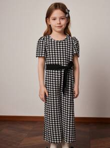 PrepCrw 年轻女孩春夏学院风黑白千鸟格针织泡泡袖圆领连体裤 - 黑與白 - 查看 7