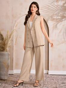Seusyu Modest Casual Blazer And Pants Women 2 Pieces Suit Set - Khaki - View 5