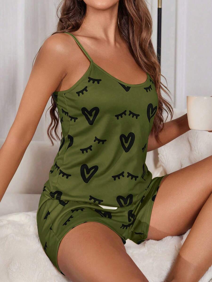 Heart Lash Print Camisole & Shorts Pajama Set - Army Green - View 1