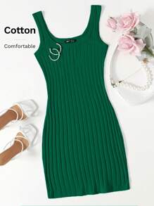 SHEIN Essnce 羅紋針織包臀連衣裙 - 墨綠色 - 查看 6