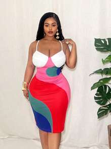 Slaydiva 2025 Summer&Beach New Elegant & Sexy & Party Plus Size Women Contrast Color Block Print Bodycon Spaghetti Strap Midi Dress