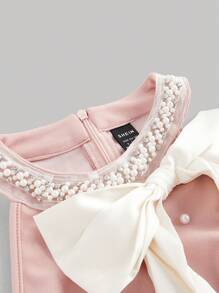 SHEIN MOD Women Pink Mini Dress With Beige Bow & Pearl Decor, Winter Short Dress,Formal Dress,Holiday Dress, Party Dress,New Year Eve Dress