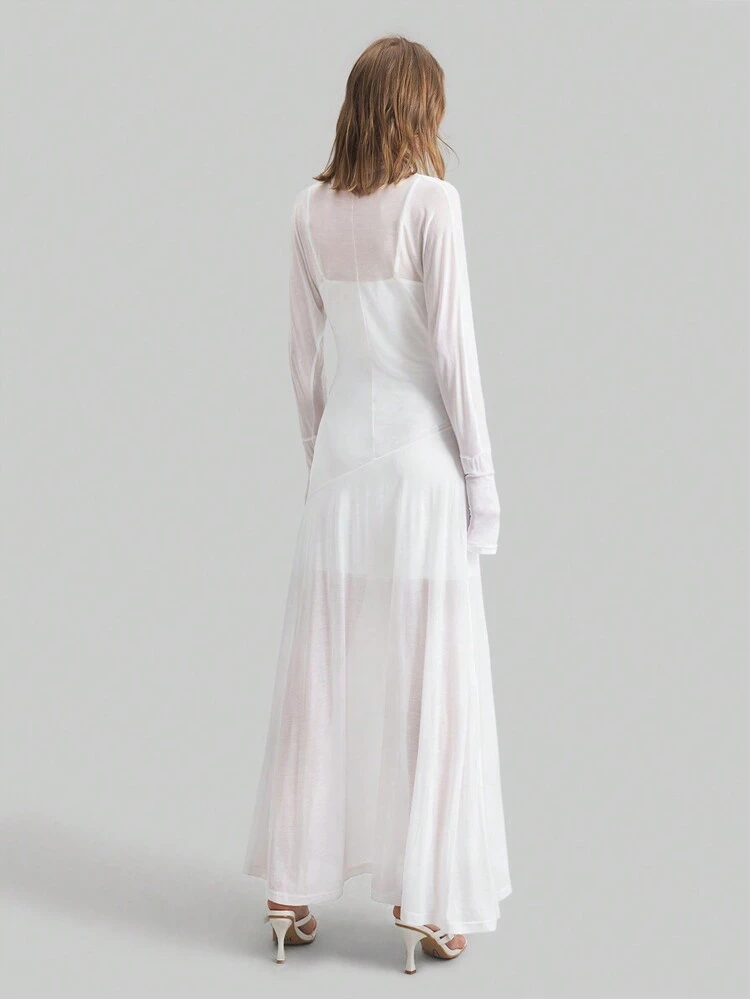 1pc Women Semi-Sheer Viscose Knit A-Line Dress, Elastic & Comfortable, Elegant For Daily Wear, Bridesmaid Dress