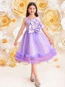 SHEIN Tween Girl Elegant Round Neck Mesh Patchwork 3D Floral Decor Party Dress - Purple - View 3