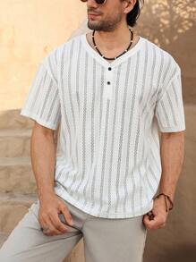 Genlund Men's Solid Color Button-Up V-Neck Short Sleeve Casual T-Shirt - White - View 3