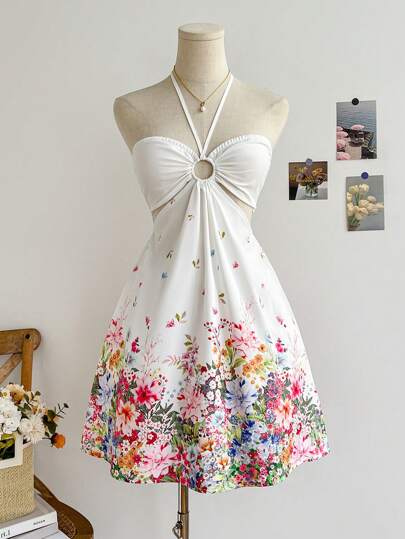 Soleia 浪漫花蝴蝶印花抽绳领镂空腰休闲太阳裙，适合节日、约会、情人节、下午茶