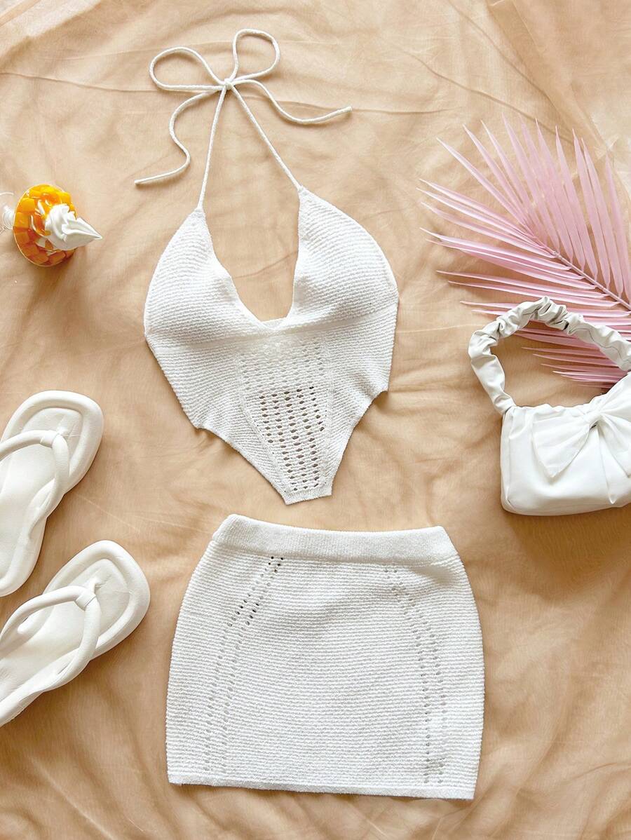 Soleia 2pcs/Set Women Solid Color Hollow Neckline Knitted Top And Knitted Mini Skirt Holiday Date Night Afternoon Tea Spring Summer Vacation - White - View 1