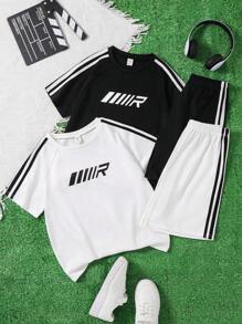4pcs Tween Boy Casual Sports Letter Side Stripe Round Neck Short Sleeve T-Shirt Top And Sports Shorts Set, Suitable For Commuting, School, Daily Casual Wear, Sports, Spring/Summer