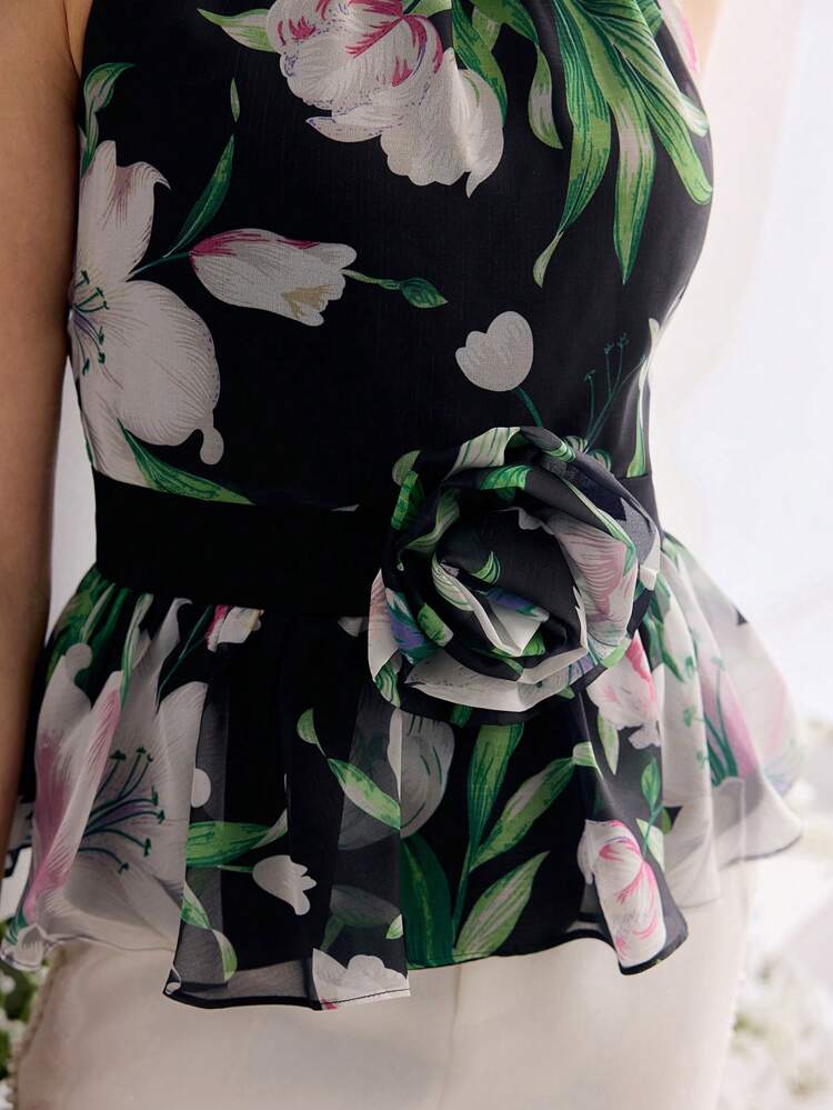 FLORAL PRINT SLEEVELESS PEPLUM TOP