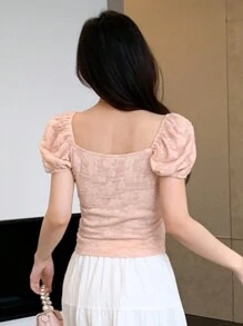 DAZY 纯色花卉纹理泡泡袖修身方领女式衬衫夏季薄纱露脐上衣女式可爱上衣 - 粉色 - 查看 2