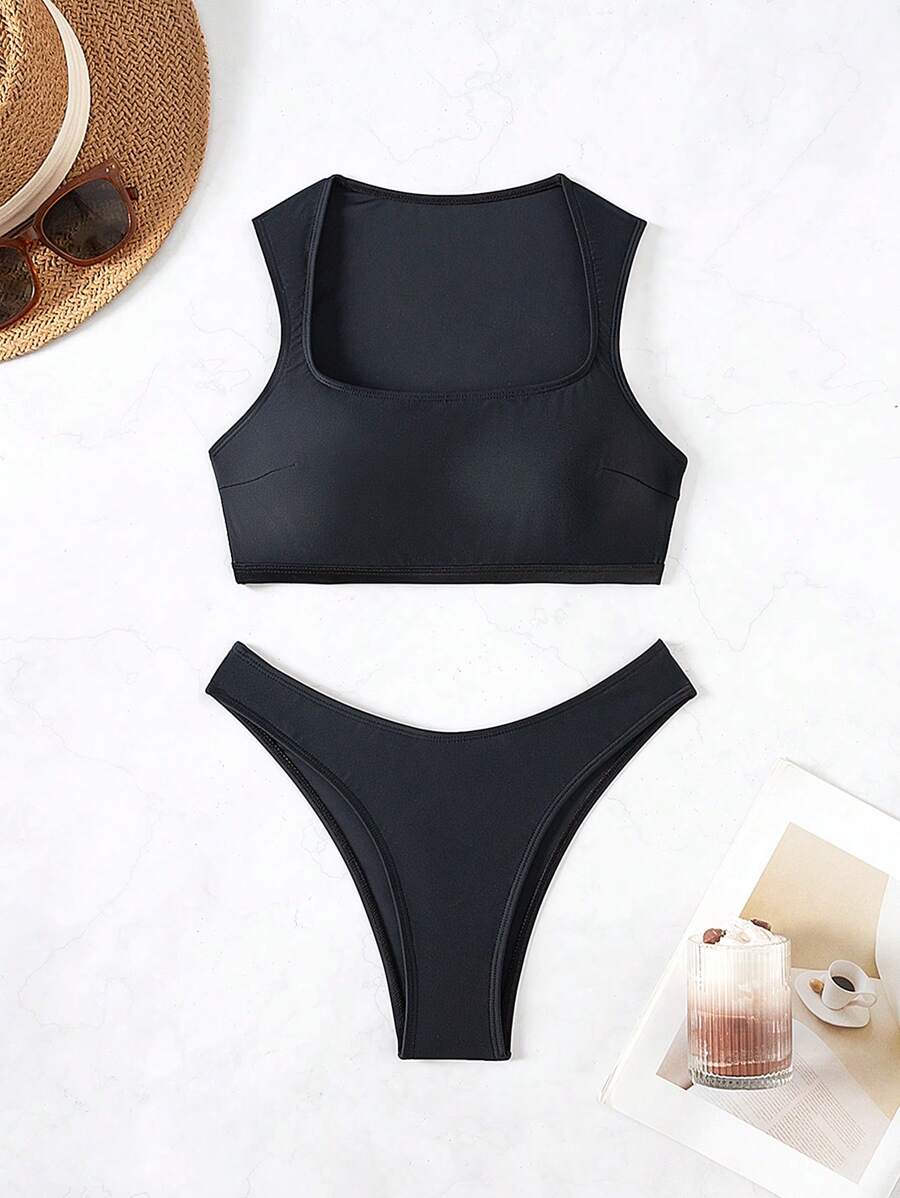 SHEIN Swim Springbreak 女士夏季海滩度假纯色方领无袖上衣和高开叉泳装 2 件比基尼套装 - 黑色 - 查看 1