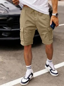 Manfinity Homme 男士宽松抽绳腰部翻盖口袋短裤，夏季男士 - 駝色 - 查看 3