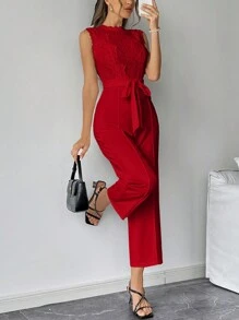 SHEIN Privé 女式无袖高腰蕾丝拼接长款连体裤 - 紅色 - 查看 8