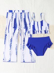 Young Girl 3-Piece Swimwear Set, Printed Random Design - Blue - View 5