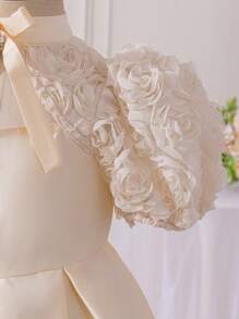 年轻女孩合身优雅镂空腰部 A 字形连衣裙，立领 - 杏色 - 查看 7