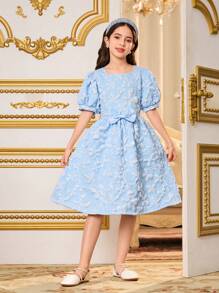 SHEIN Tween Girl Casual Fashion Ruffle Hem Plaid Print Sweet Patchwork Contrast Color Dress, Suitable For Summer, Layering, Outdoor Wear, Comfortable Soft Fabric For Casual, Party, Holiday, School - Blue - View 5